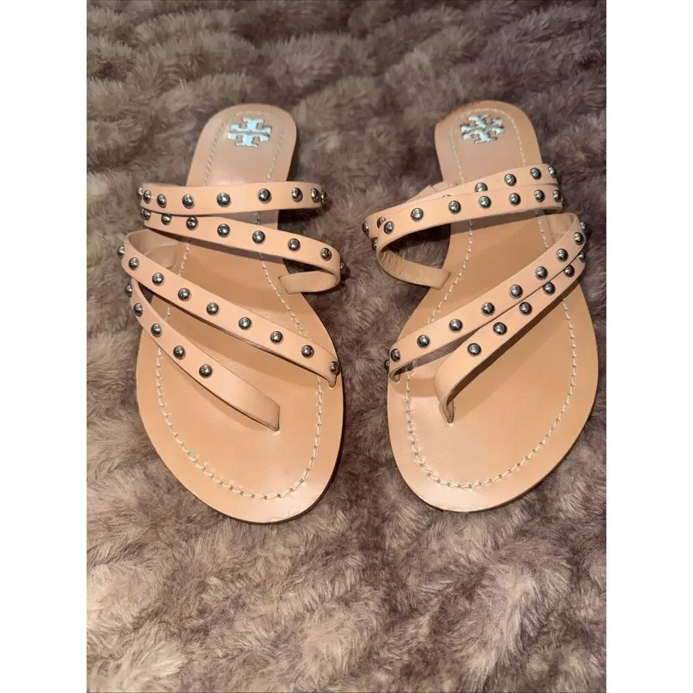 TORY BURCH Patos Studded Sandal SZ 9M Ivory Women LTHR Slide Flat Shoe Beach